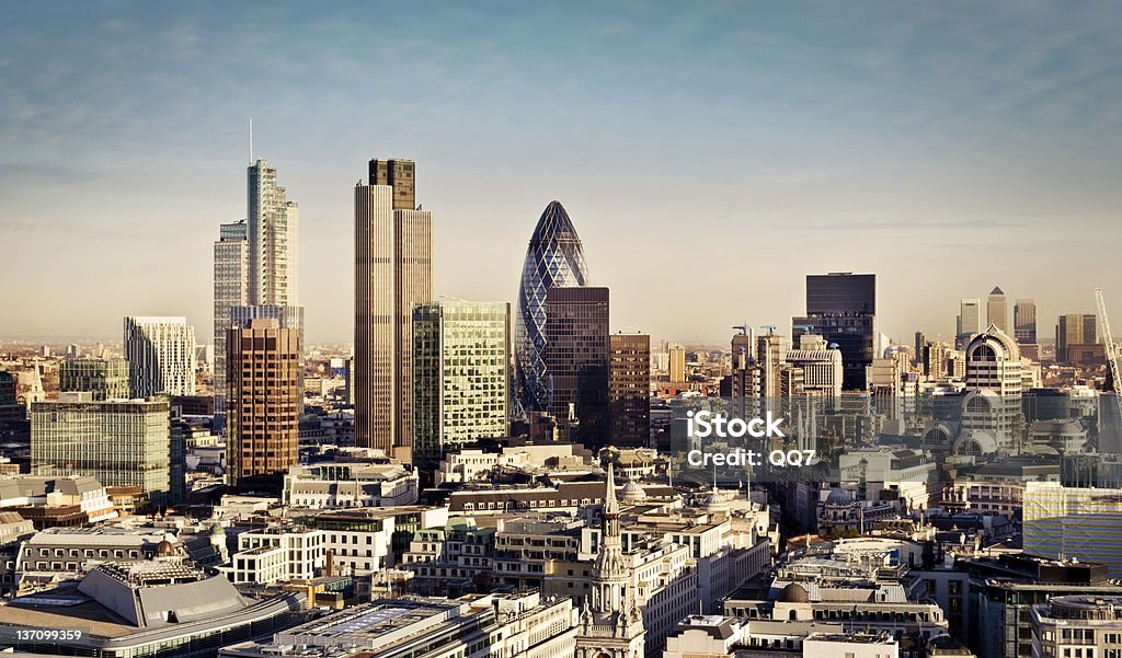 City of London City of London one of the leading centres of global finance. This view includes Tower 42, Gherkin,Willis Building, Stock Exchange Tower, Lloyd`s of London and Canary Wharf at the background. London - England Stock Photo