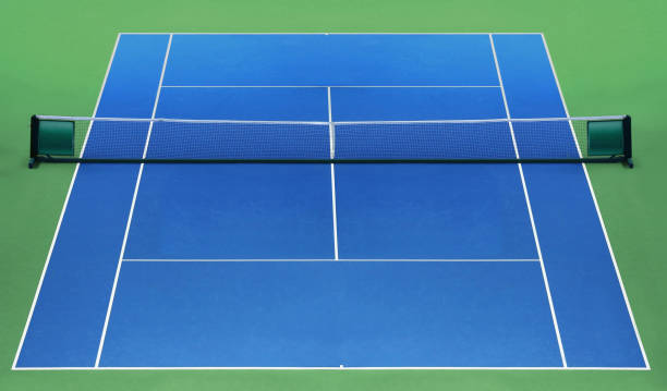 istock Empty blue professional tennis  court background 1370996127