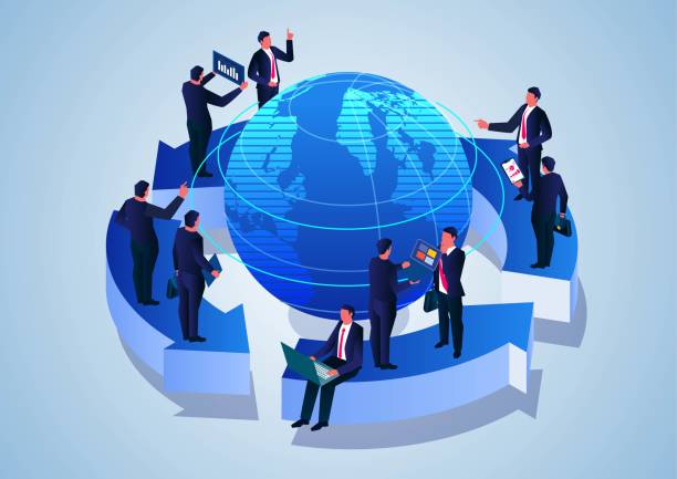 ilustrações de stock, clip art, desenhos animados e ícones de global business and trade, business team standing on arrows around the globe communicating work analysis - direction arrow sign globe planet