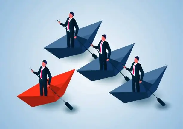 Vector illustration of The concept of a leader, a leader standing on a floating red paper boat and a row of followers behind