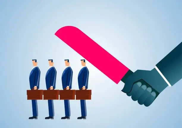 Vector illustration of Layoffs, unemployment, dismissal, businessmen standing in line with big hands holding knife