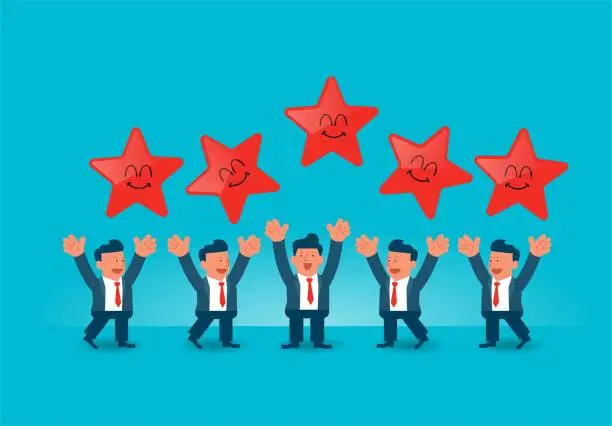 Vector illustration of cartoon five businessmen cheering and jumping with five stars