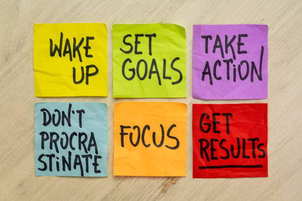 istock wake up, set goals, take action, get results - set of motivational notes 1370997051