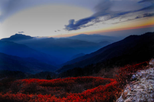 Blurred image of Dawn at Lungthang, Himalayan mounatins, Sikkim, India