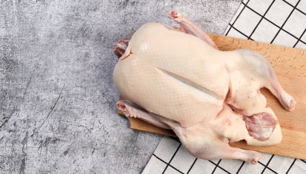 istock Whole raw duck on a rectangular cutting wooden board on a dark grey background. Top view, flat lay 1371000312