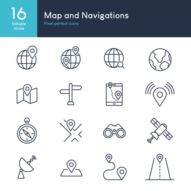 mapa i nawigacje - zestaw wektorów ikon cienkich linii - ważne miejsce w świadomości lokalnej stock illustrations