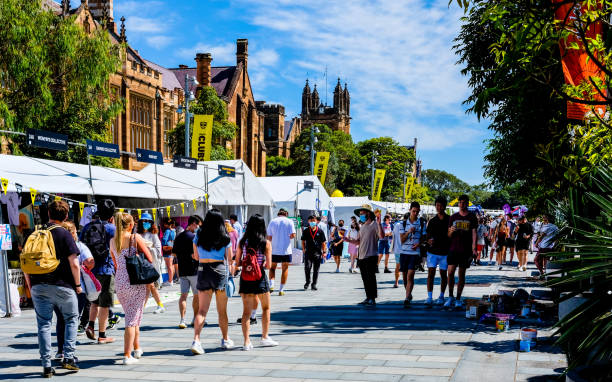 Welcome Festival at University of Sydney Sydney, NSW, Australia - February 17 2022: The University of Sydney is hosting Welcome Festival from Feb 16-18 for students to return and start new semester. university students australia stock pictures, royalty-free photos & images