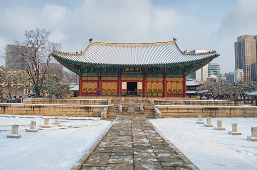 Seoul, Korea - February 1st, 2022: At the snowy day, Its the Deoksugung Palace, Gwanghwamun Seoul.