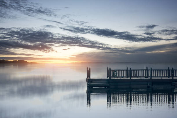 Wooden dock on the lake with dramatic sky background