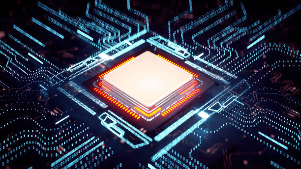 rendering 3d dell'ia cyberpunk. circuito. background tecnologico. processore centrale per computer concetto di cpu e gpu. chip digitale della scheda madre. background scientifico tecnologico. - cpu foto e immagini stock