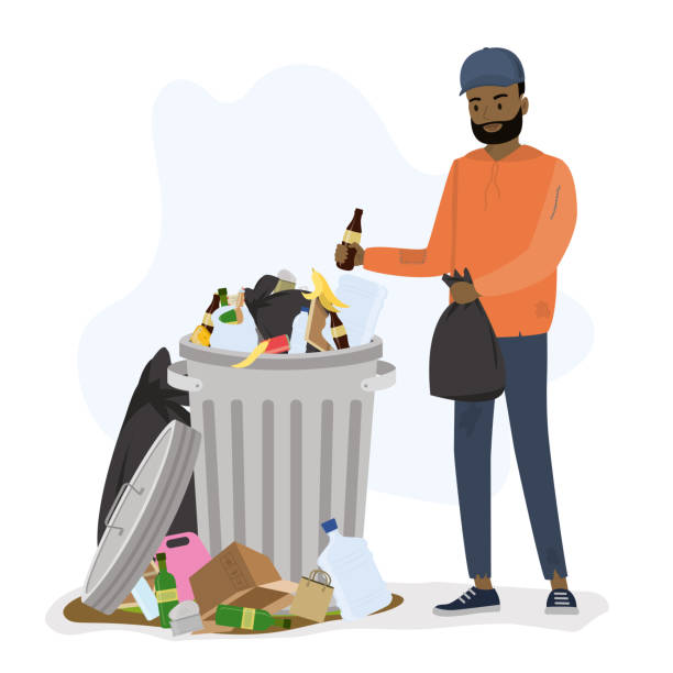 Homeless vagabond person looking for food and things in trash can. Dirty garbage bin. Unhappy african american beggar isolated on white background. Poverty, Homeless vagabond person looking for food and things in trash can. Dirty garbage bin. Unhappy african american beggar isolated on white background. Poverty, hungry sad black guy. Vector illustration black trash bin stock illustrations