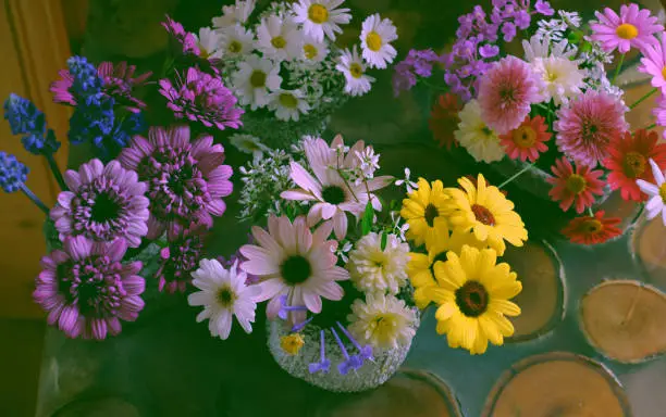 Beautiful colorful flower arrangement for decor inside home, variety tiny daisy just cut from home garden to make wonderful space in spring time, vase of flowers ready to decoration on wooden