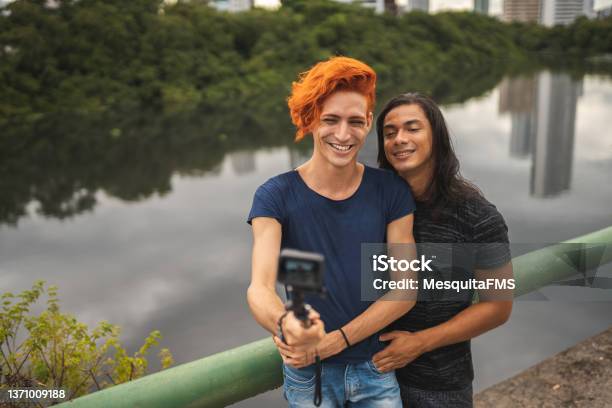 Influencer Filming Outdoors Stock Photo - Download Image Now - LGBTQIA People, LGBTQIA Culture, Non-Binary Gender