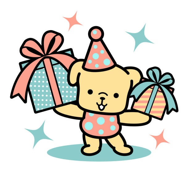 ilustraciones, imágenes clip art, dibujos animados e iconos de stock de un lindo perro con un sombrero de fiesta de pie y sosteniendo cajas de regalo - birthday card dog birthday animal