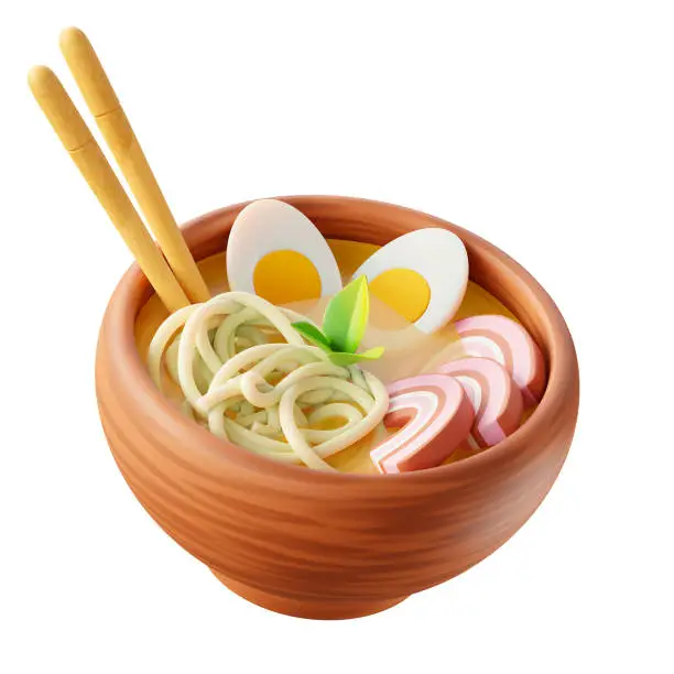 Photo of Ramen soup trandy illustration on white background. 3D rendering.