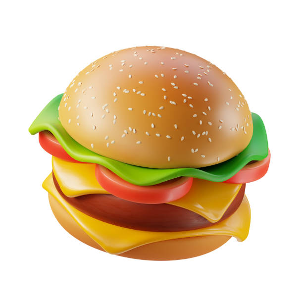 ilustración de hamburguesa trandy sobre fondo blanco. renderizado 3d. - freshness hamburger burger bread fotografías e imágenes de stock