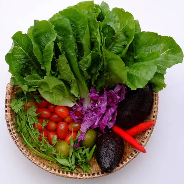 Top view colorful raw materials for mixed vegetable from avocado, salad, tomato, violet cabbage with soy sauce, lemon, chili, homemade diet food for weight loss and nutrition vegan dish