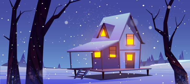 istock Wooden house night in winter forest, old shack 1371015515
