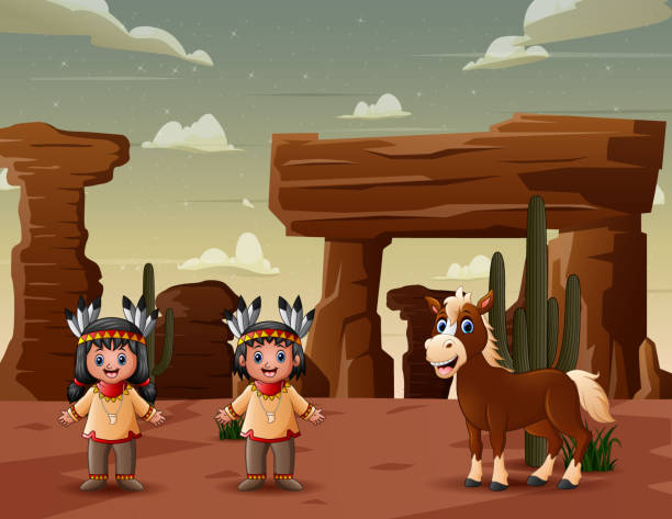Native American Indian Kids With A Horse In The Desert Stock Illustration -  Download Image Now - iStock