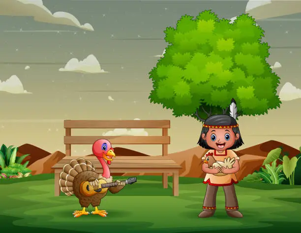 Vector illustration of Native american indian boy and a turkey in the park