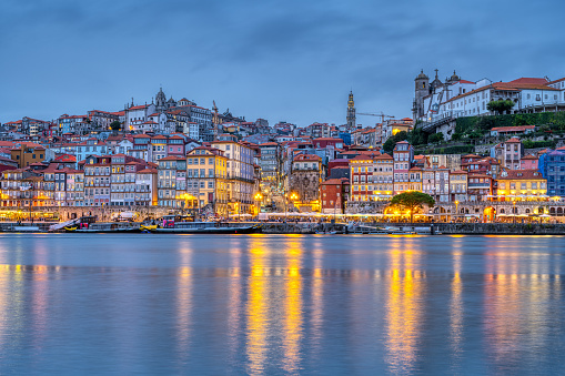 The beautiful old town of Porto with the river Douro at twilight