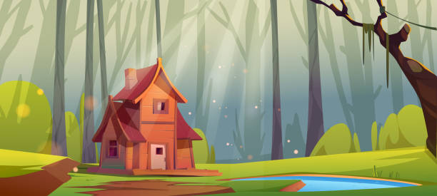 głęboki las z drewnianym domem i stawem - fantasy sunbeam backgrounds summer stock illustrations
