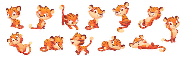 Cute tiger character, wild animal mascot Cute tiger character, wild animal mascot in different poses. Vector set of cartoon funny kitten sleep, play, think, walking and greeting. Happy baby tiger isolated on white background tiger mascot stock illustrations