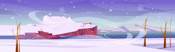 Vector illustration of Winter landscape with sea and island with hill