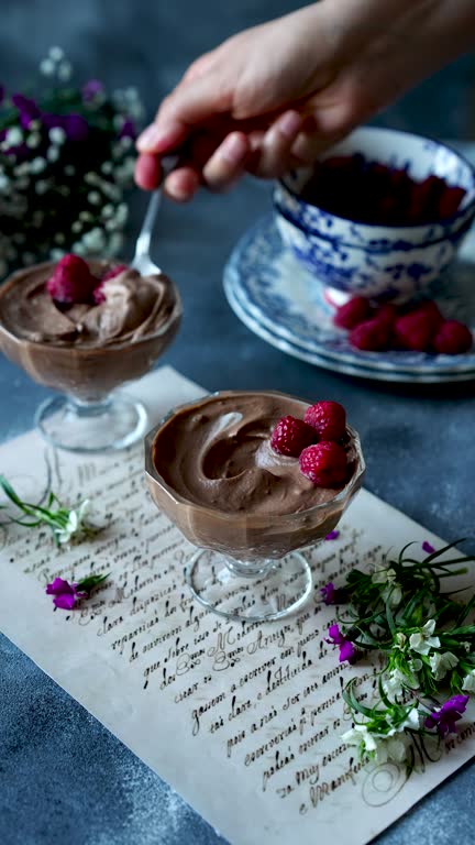 Woman Making Chocolate Mousse with Raspberry - 4K Vertical