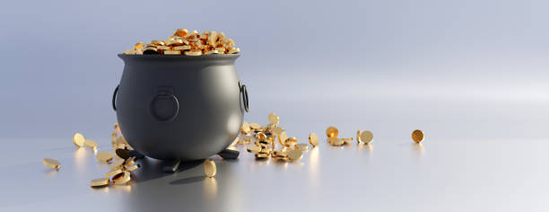 Saint Patricks Day pot full of golden coins fortune, good luck. 3d render Feast of Saint Patrick day celebration, Irish traditional festival and party. St Patricks lucky pot full of golden coins fortune, good luck concept. 3d render Abundance stock pictures, royalty-free photos & images