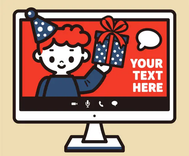 Vector illustration of Cute boy on a computer monitor wearing a party hat greeting and holding a gift box