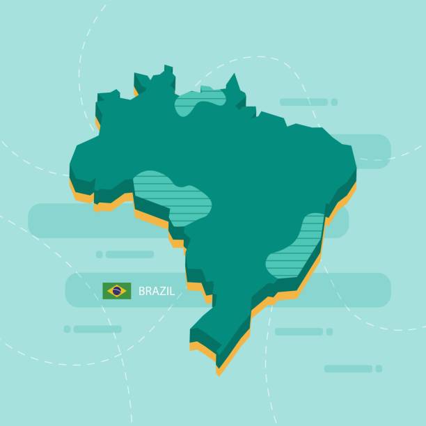 ilustrações, clipart, desenhos animados e ícones de mapa 3d vetorial do brasil com nome e bandeira do país em fundo verde claro e traço. - brazilian flag brazil flag three dimensional shape