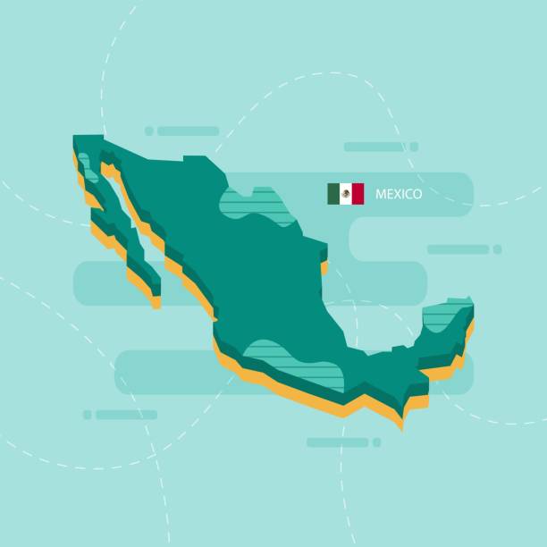 ilustrações, clipart, desenhos animados e ícones de mapa vetorial 3d do méxico com nome e bandeira do país em fundo verde claro e traço. - méxico