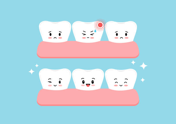 ilustrações de stock, clip art, desenhos animados e ícones de healty tooth vs with pain ache vector illustration of dentistry hygiene prevention treatment concept. - healty