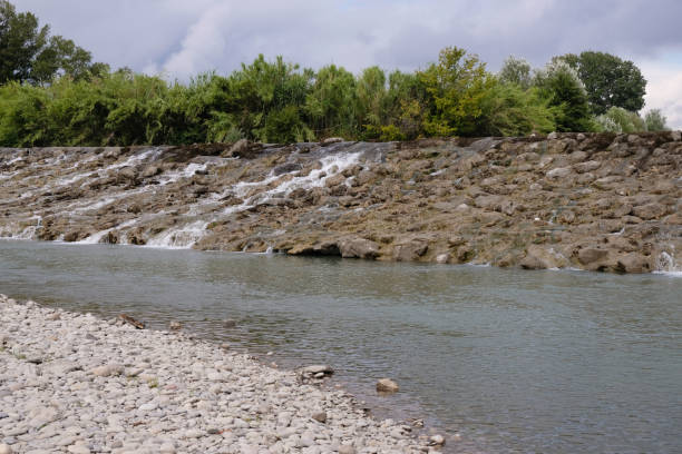 Durance river in Avignon Provence France. Shallow mountain river in the summer heat. Overgrown with bamboo.