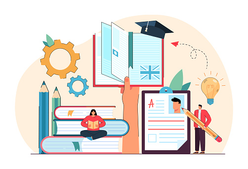 Tiny people with pile of books and pen flat vector illustration. Man and woman learning foreign languages, reading, writing, passing tests, improving skills. Education, knowledge concept