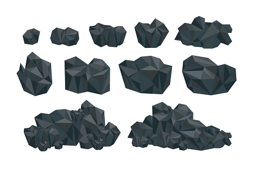Lumps of black coal cartoon illustration set. Big and small piles of charcoal, basalt, nuggets, rock, graphite or anthracite isolated on white background. Mine, mineral recourse concept