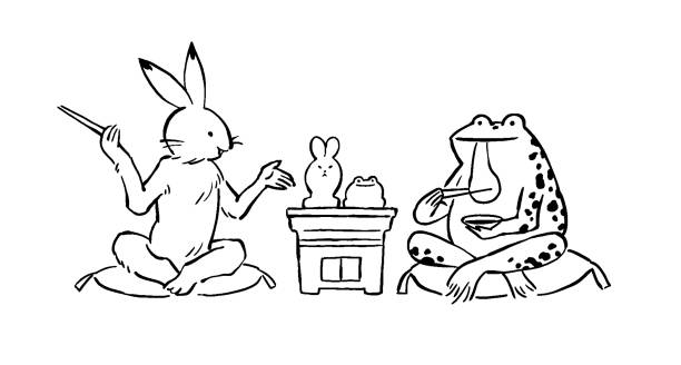 鳥と獣の似顔絵 ウサギとカエルが餅を焼くイラスト - 行動点のイラスト素材／クリップアート素材／マンガ素材／アイコン素材