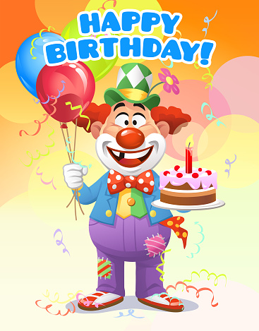 Clown With Cake And Balloons- Birthday Card