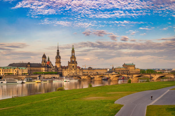 istock Dresden Germany, city skyline at Elbe River and Augustus Bridge 1371030598
