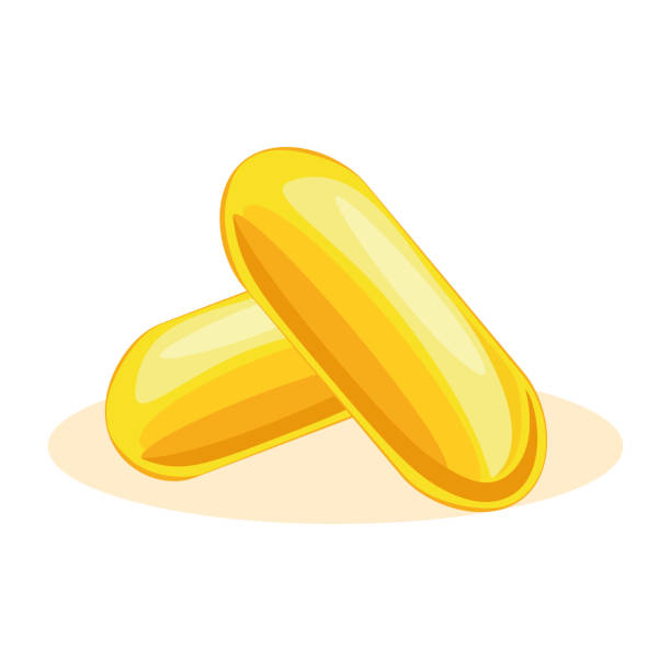 ilustrações de stock, clip art, desenhos animados e ícones de omega 3. fish oil. two yellow omega 3 capsules. food supplement. vector illustration isolated on a white background for design and web. - fish oil illustrations