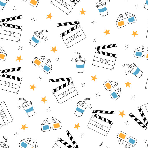 Movie, cinema vector pattern. Doodle hand drawn Movie, cinema vector pattern. Doodle hand drawn sketch style movie seamless pattern. Cinema elements for media production, festival, theater background. Vector illustration. movie patterns stock illustrations