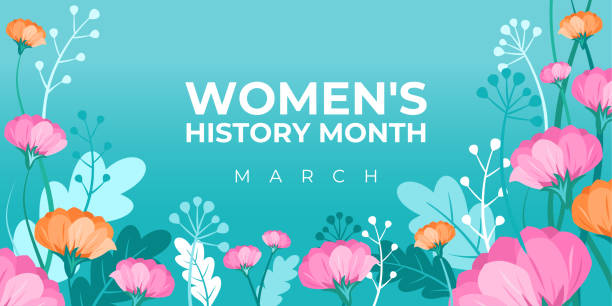 Women's History Month. Vector banner, poster, flyer, greeting card for social media with the text Women s History Month, march. Beautiful bouquet of flowers on blue background. Concept for women. vector art illustration