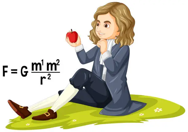 Vector illustration of Sir Isaac Newton with gravitation theory