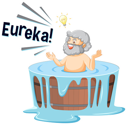 Archimedes in bath cartoon with the word Eureka illustration