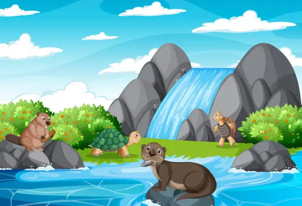 Vector illustration of Waterfall in the forest with tortoises and an otter