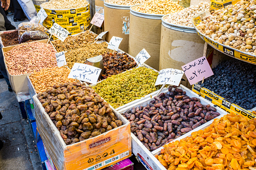 Tehran, Iran - November 1, 2016: Variety of nuts and dried fruits for sale in the Grand Bazaar in Tehran, Iran.