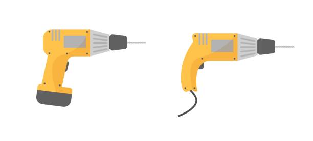 ilustrações, clipart, desenhos animados e ícones de brocas de martelo. ferramentas elétricas para perfuração de materiais duros. perfuradores na indústria da construção. - hand drill work tool white white background