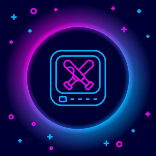 Glowing neon line Monitor with baseball ball and bat on the screen icon isolated on black background. Online baseball game. Colorful outline concept. Vector Glowing neon line Monitor with baseball ball and bat on the screen icon isolated on black background. Online baseball game. Colorful outline concept. Vector. baseball-scorecard stock illustrations