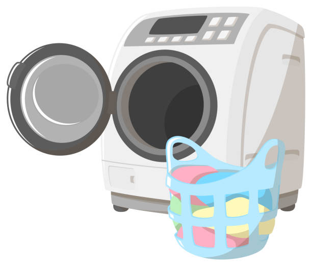 ilustrações, clipart, desenhos animados e ícones de máquina de lavar carregador dianteiro. cesta de roupa suja. - laundromat clothes washer laundry utility room